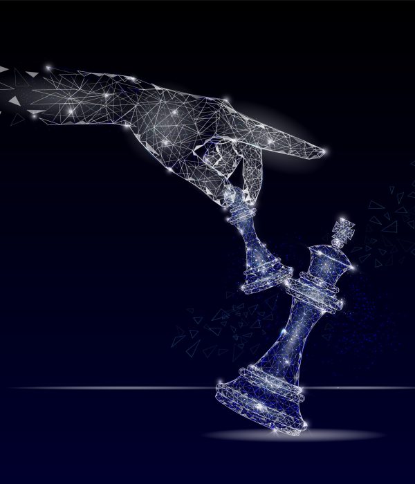 Vector polygonal art style human hand holding pawn knocking down king chess piece. Low poly wireframe mesh with scattered particles and light effects. Business checkmate poster banner template.